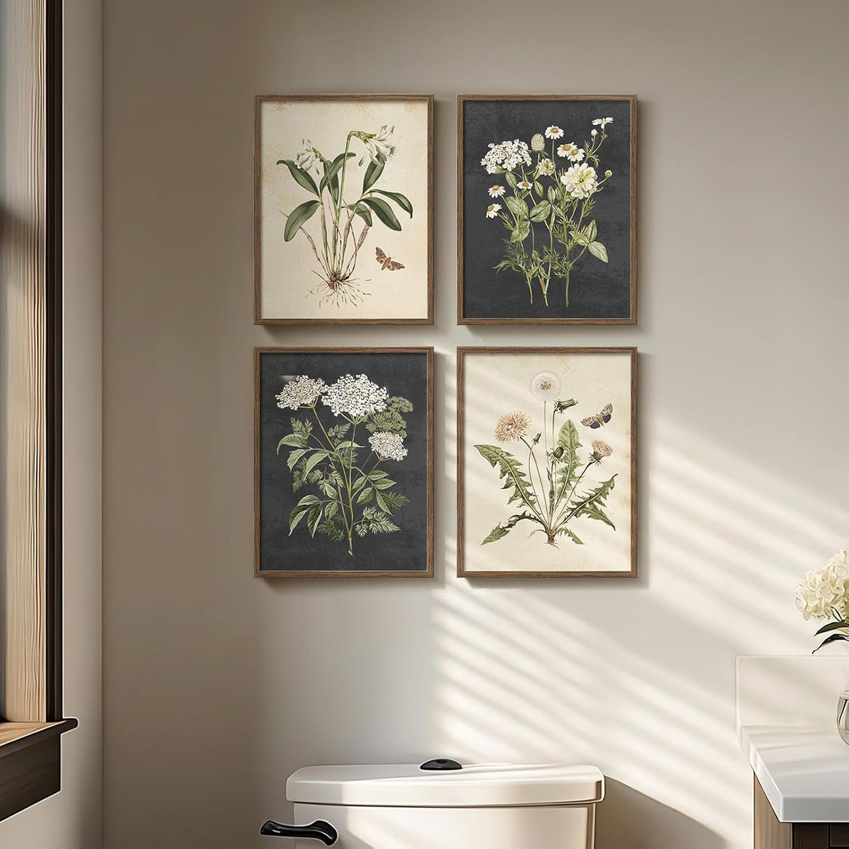 Framed Vintage Botanical Floral Wall Art for Bathroom, 4 Piece 8x10 In