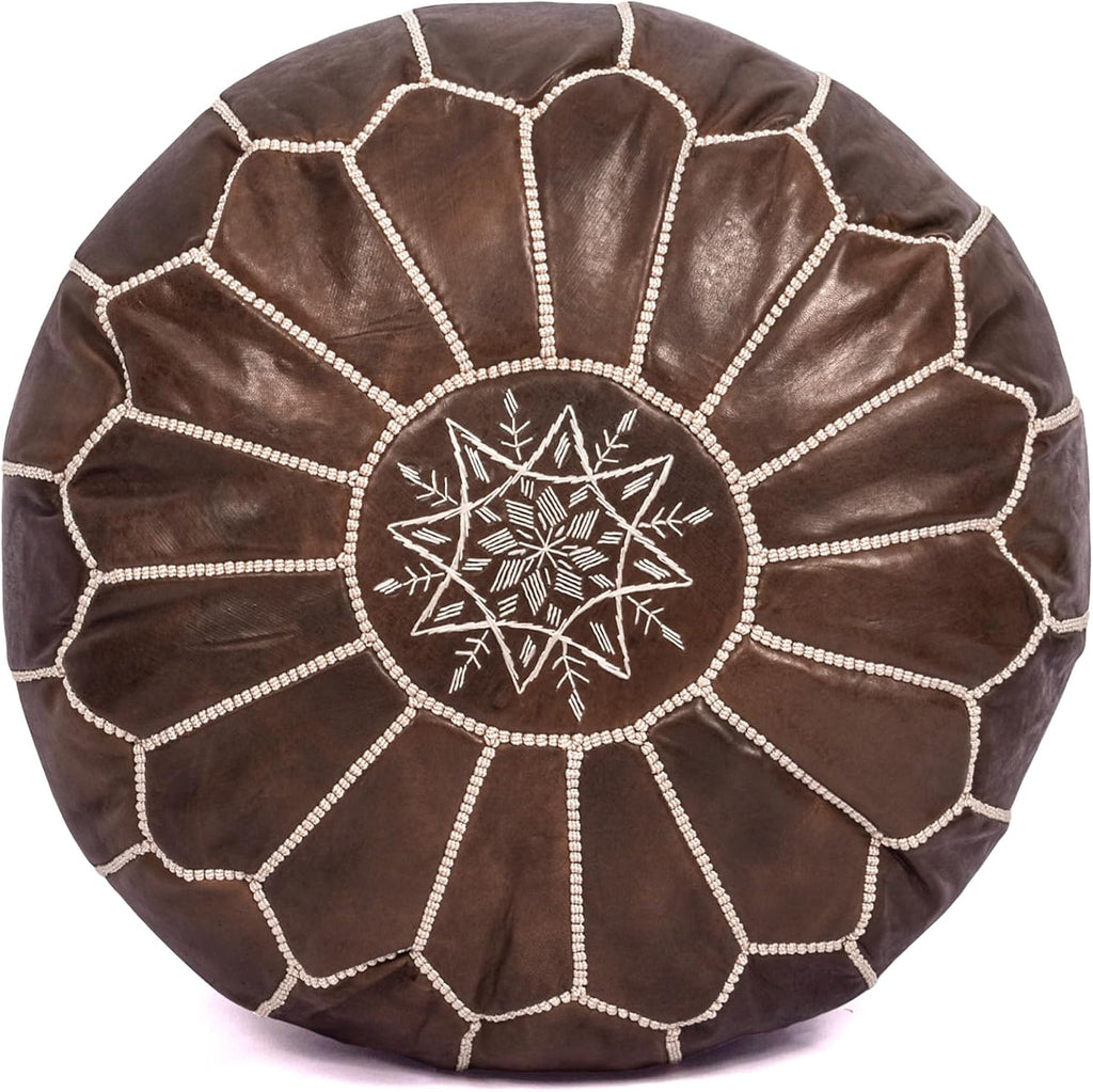 Moroccan Leather Handmade Pouf Ottoman Cover, Unstuffed Foot Stool, Round Boho Footrest for Living Room, Bedroom, Home Decor Gift (Brown By White)