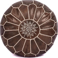 Moroccan Leather Handmade Pouf Ottoman Cover, Unstuffed Foot Stool, Round Boho Footrest for Living Room, Bedroom, Home Decor Gift (Brown By White)