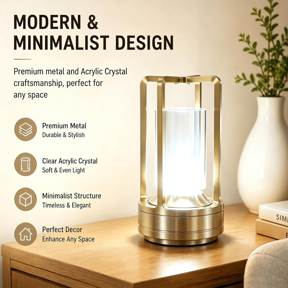 Rechargeable Crystal Table Lamp, 3-Color Touch LED, Gold