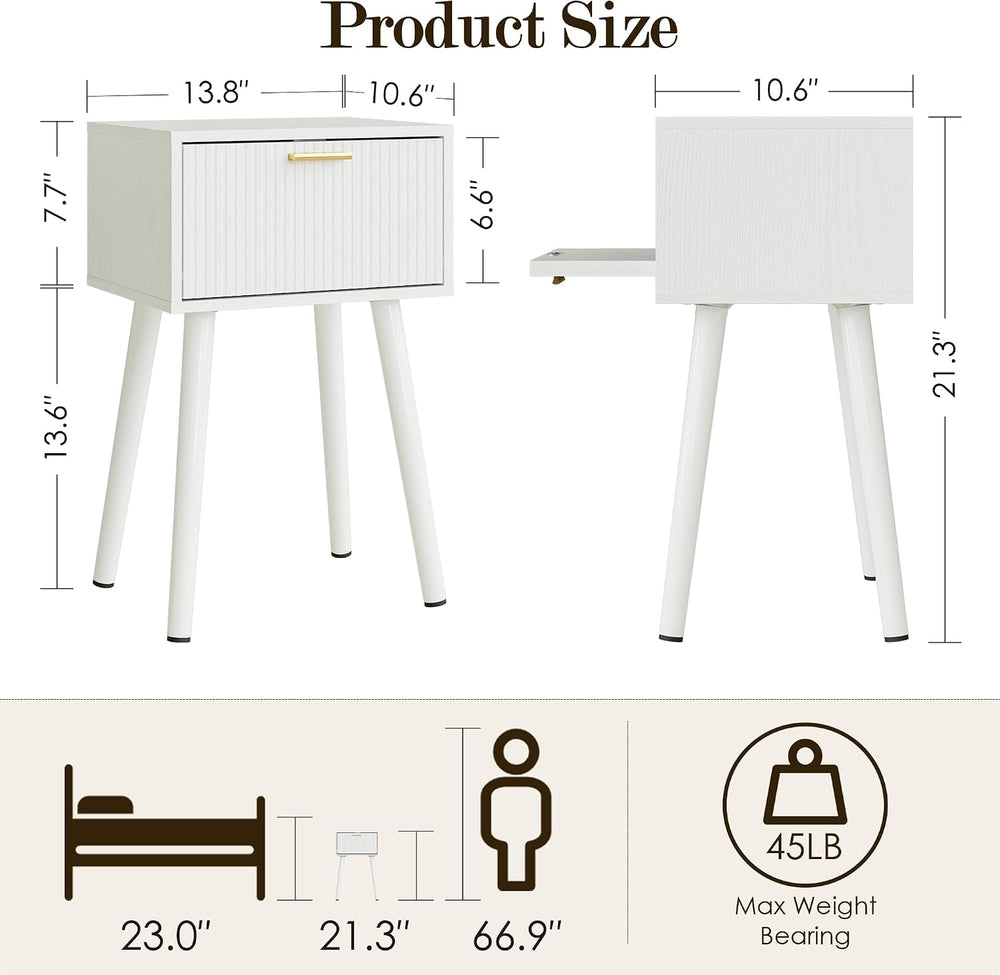 Night Stand Set 2, Modern Nightstand with Fluted Doors, White