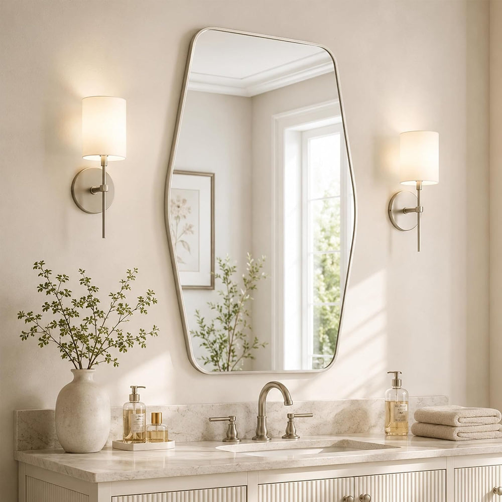 24x36 Inch Brushed Nickel Bathroom Vanity Mirror, Rounded Hexagon