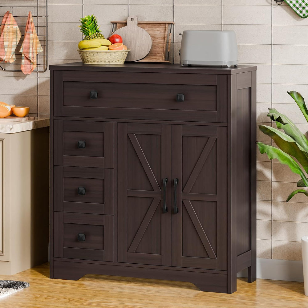 Vabches Farmhouse Storage Cabinet with 2 Doors and 4 Drawers, Espresso