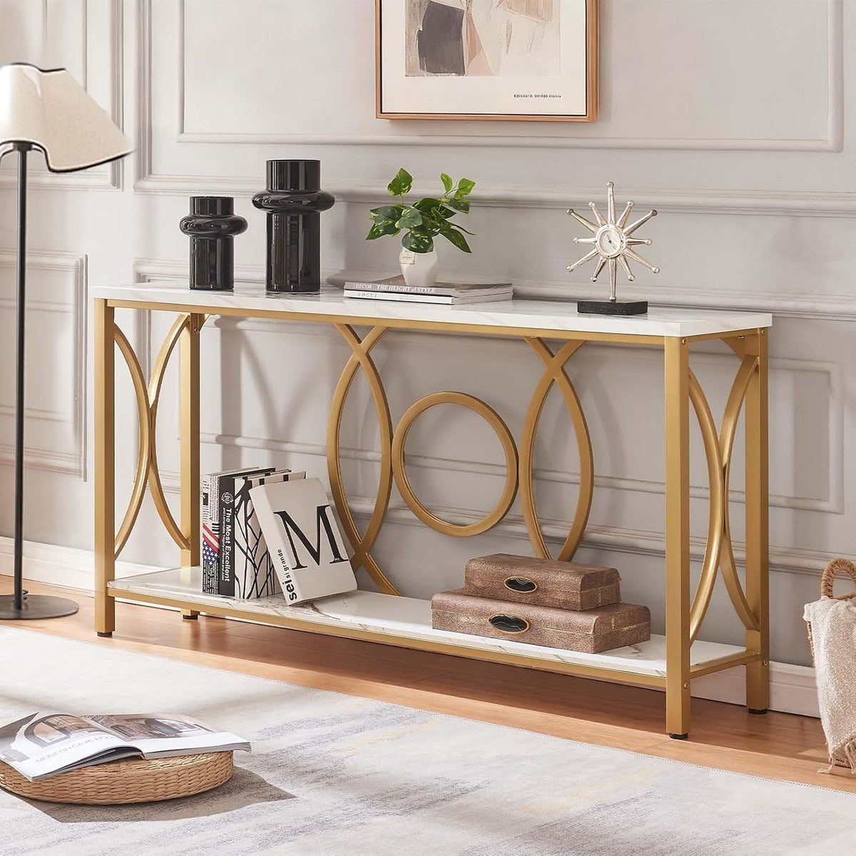 HOMISSUE Sofa Console Table, Modern Gold Console Table with Faux Marbled Tabletop, Engineered Wood Entryway Tables with 2 Tier Storage, Narrow Sofa Table for Living Room, Hallway (55 Inch, White&Gold)