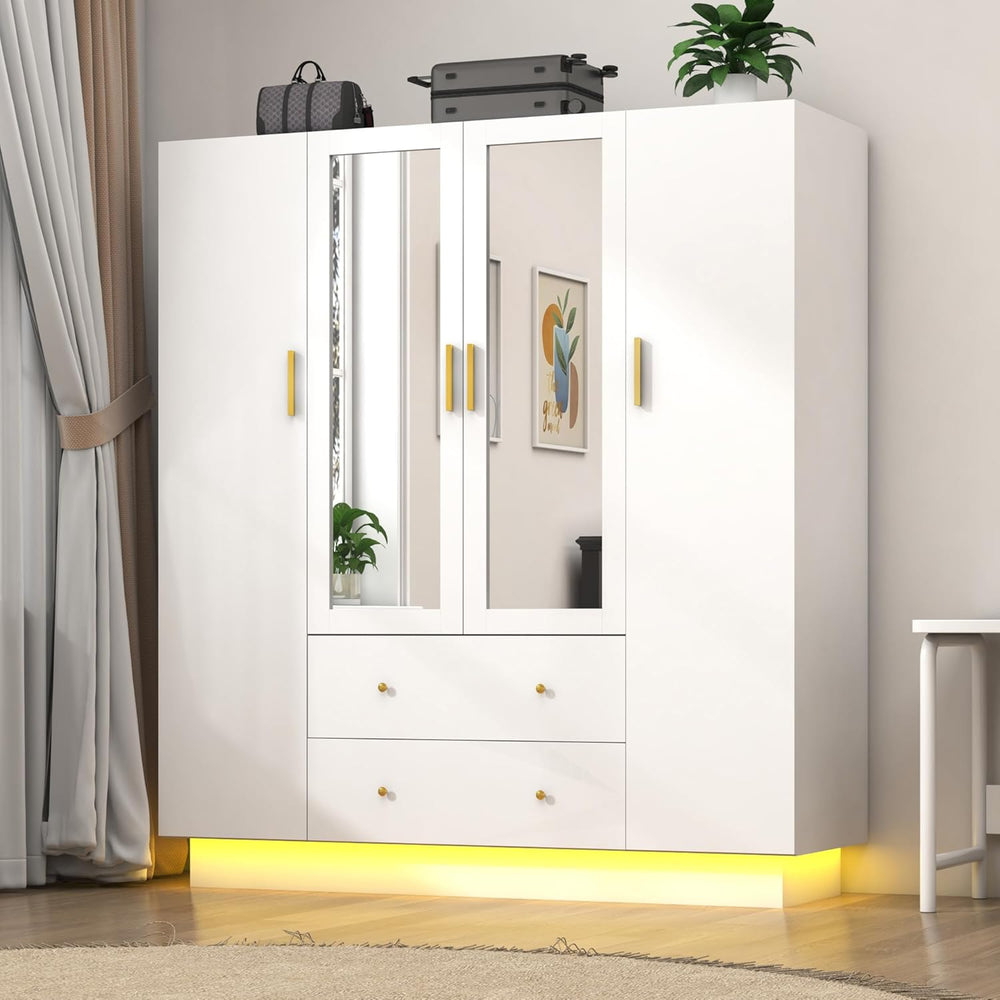 jiteentarou 4 Door Wardrobe Closet with Mirrors and LED Lights, Bedroom Armoi...