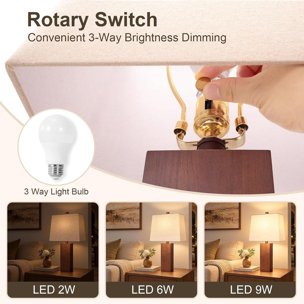 23" Solid Wood Table Lamp Set of 2 for Living Room, 3-Way Dimmable Bulb