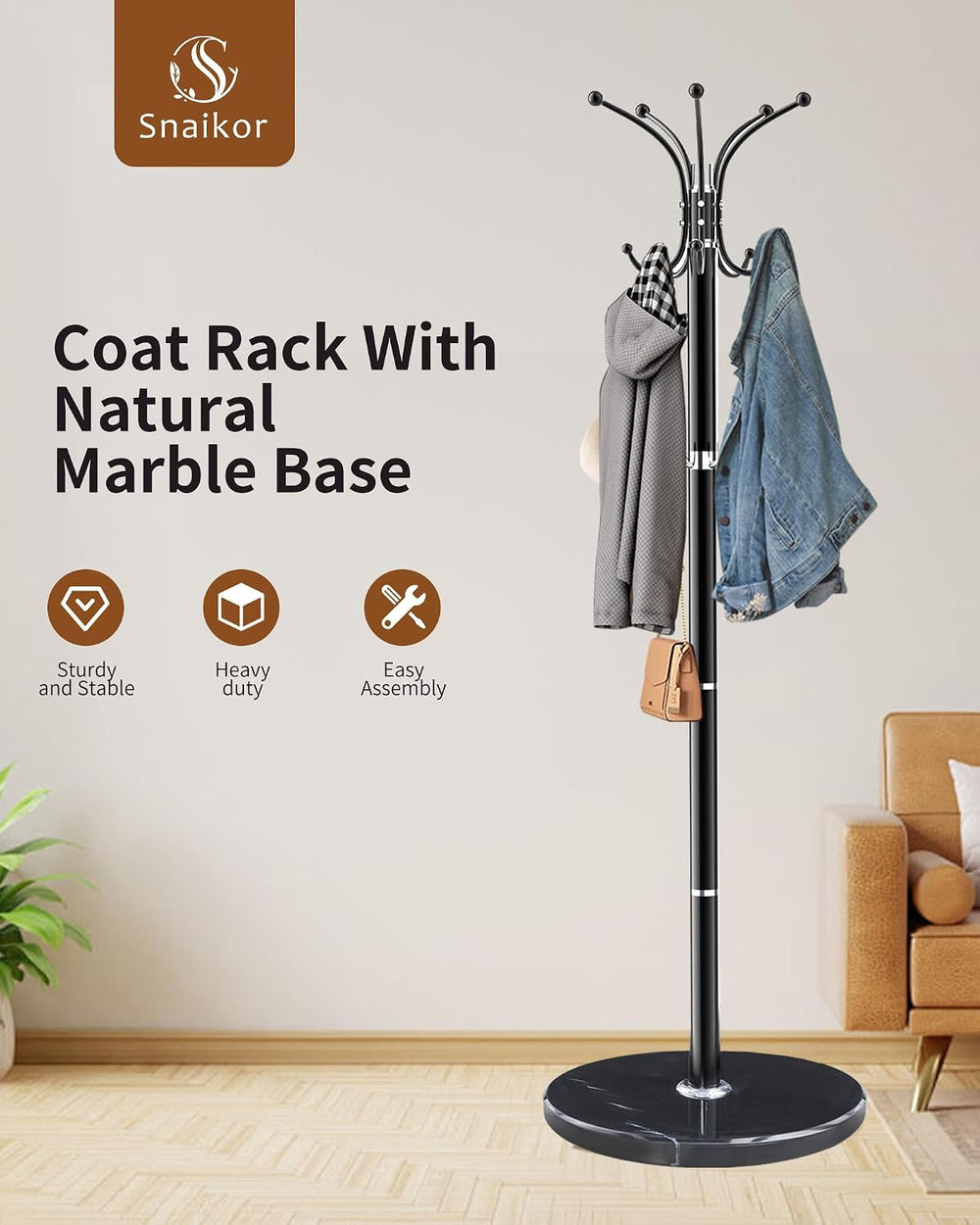Snaikor Metal Coat Rack Freestanding with Marble Base 360°Rotary 14 Hooks