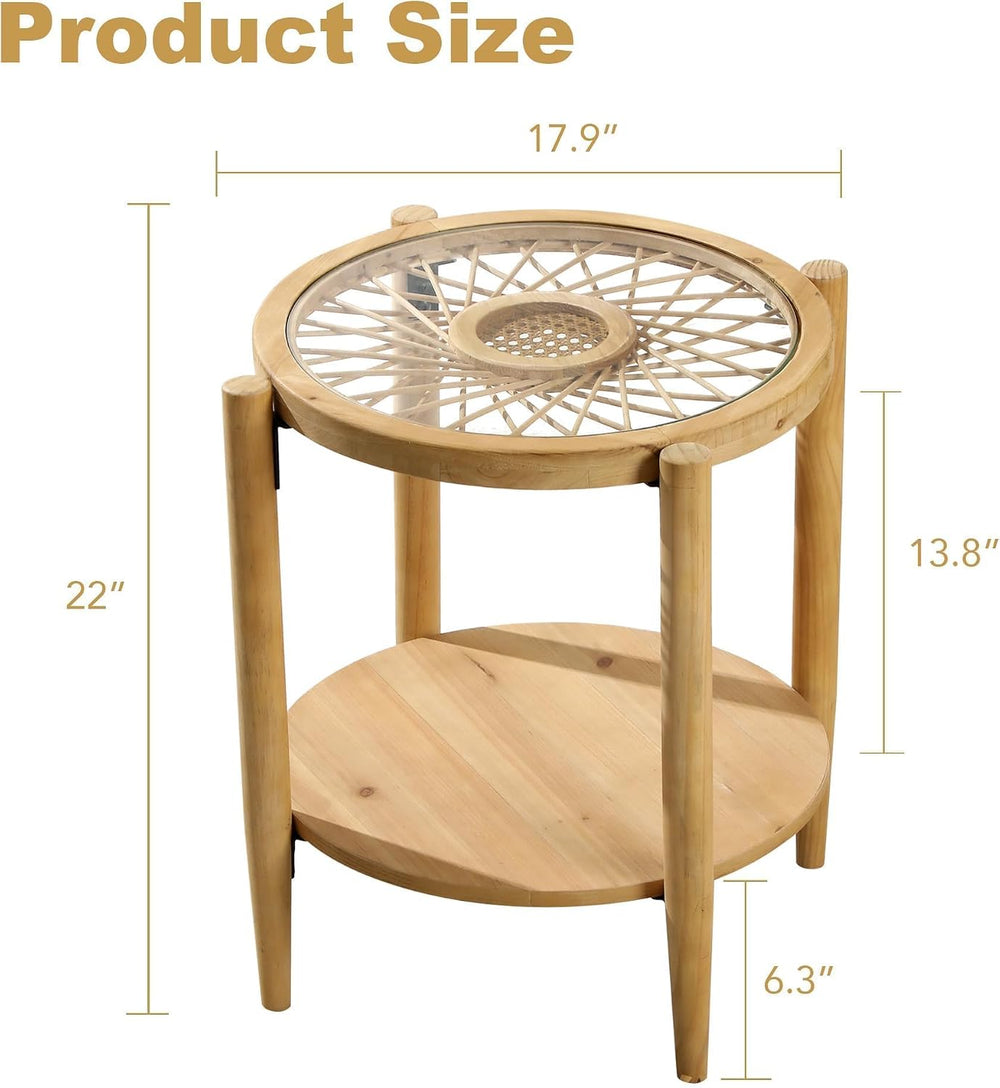 RUSTOWN Rattan Nightstands Set of 2, Boho Round End Tables with Glass Top