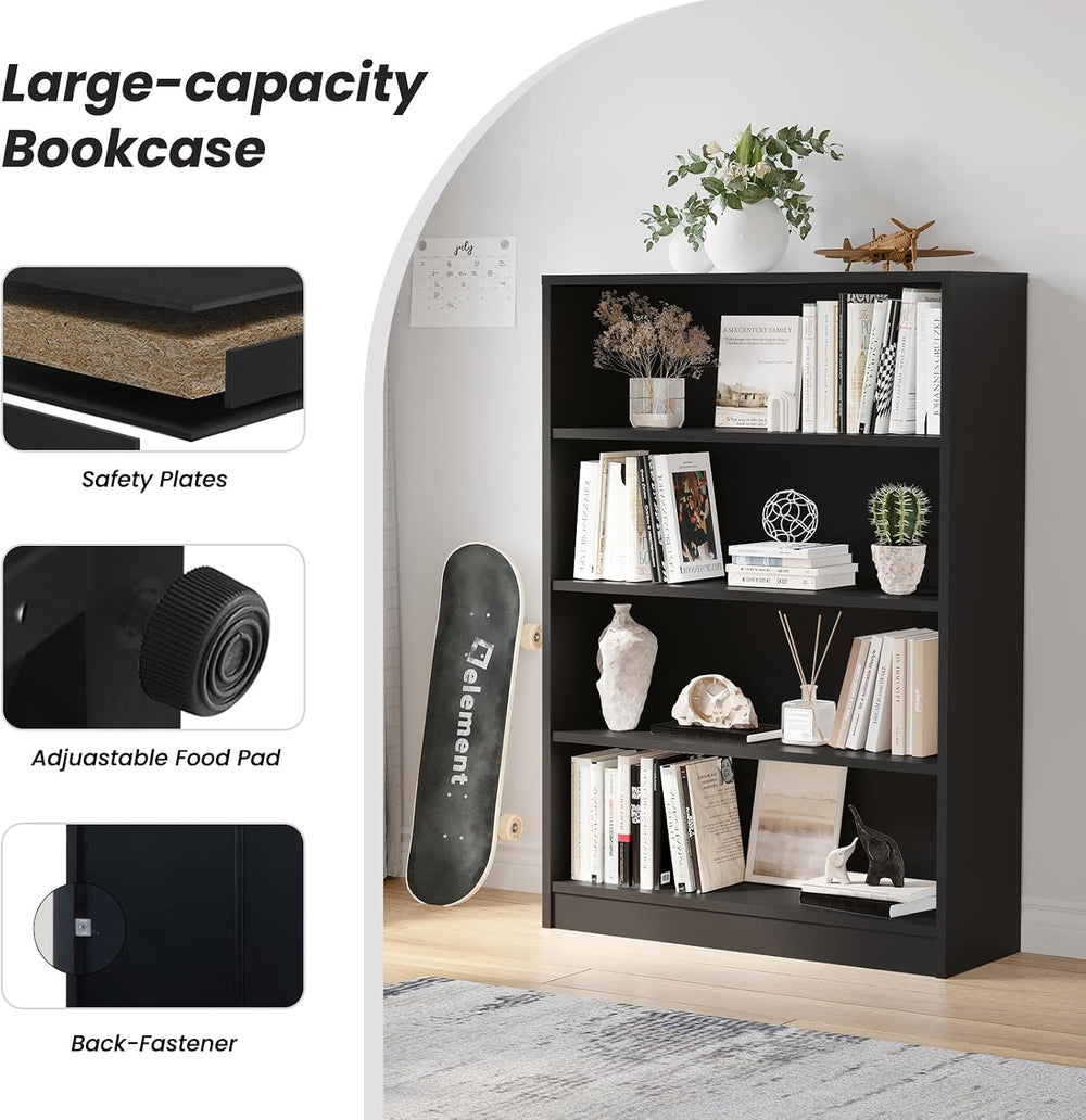 48-Inch 4-Tier Bookshelf,Adjustable Wood Bookshelf for Small Spaces