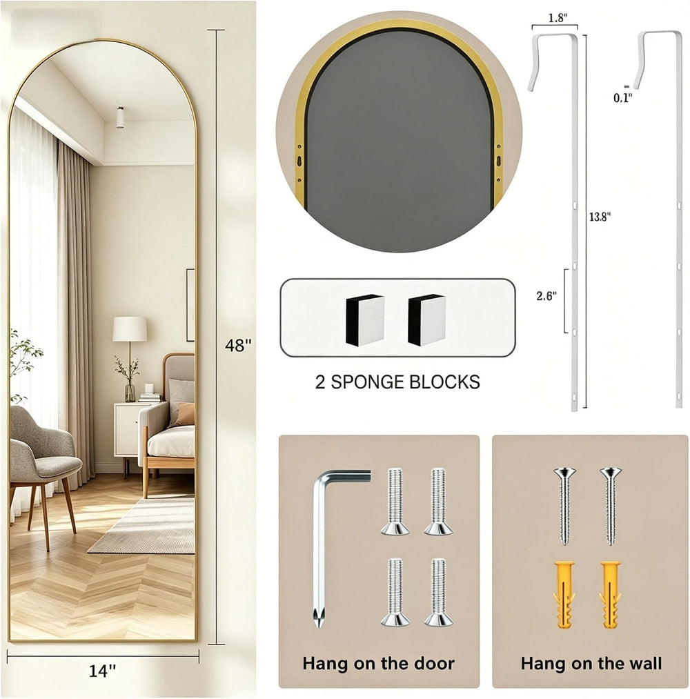14" x 48" Arched Full Length Mirror Gold Frame Over Door & Wall...