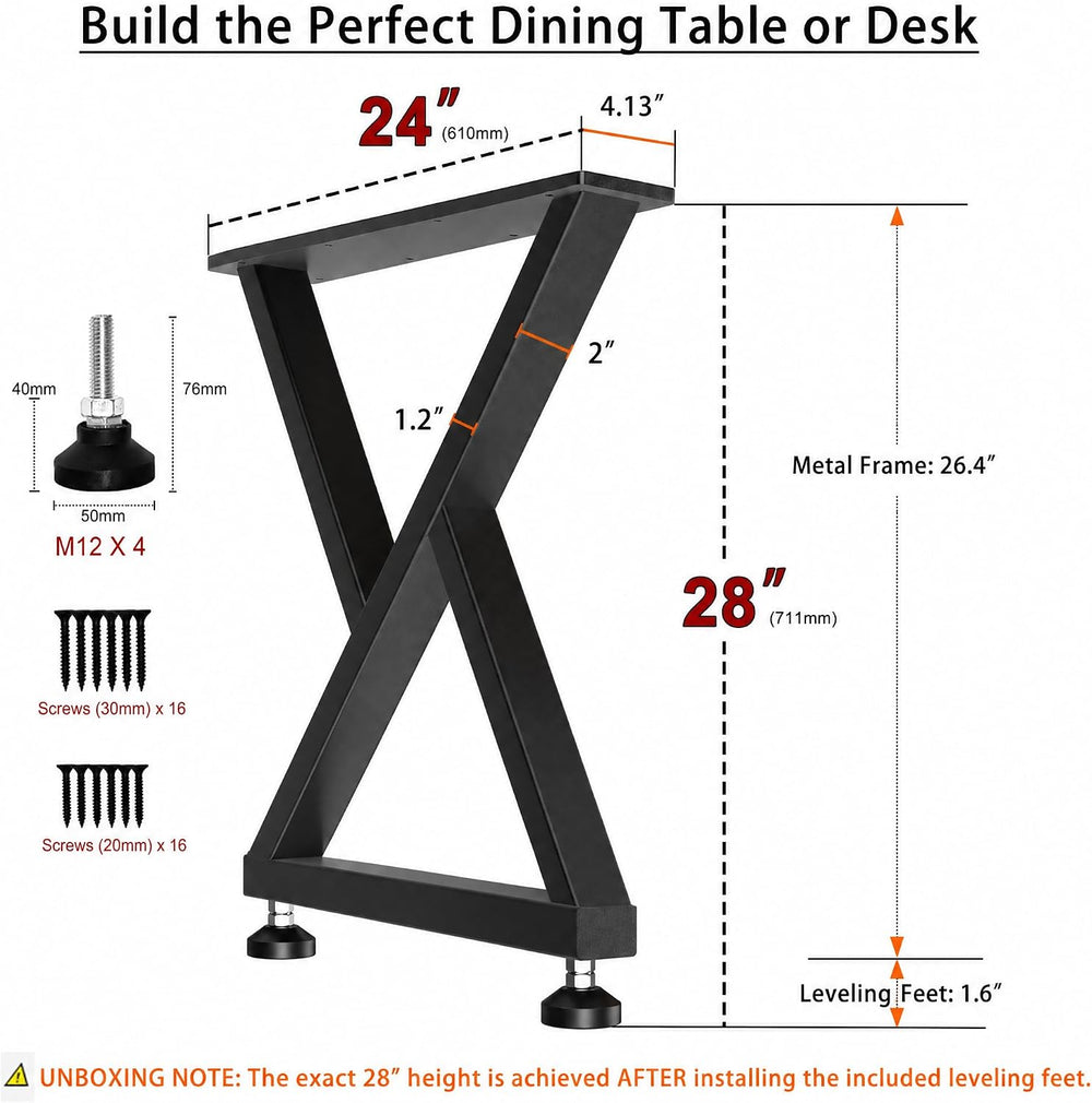 28" Heavy Duty X-Frame Metal Dining Table Legs, 28x24, Set of 2