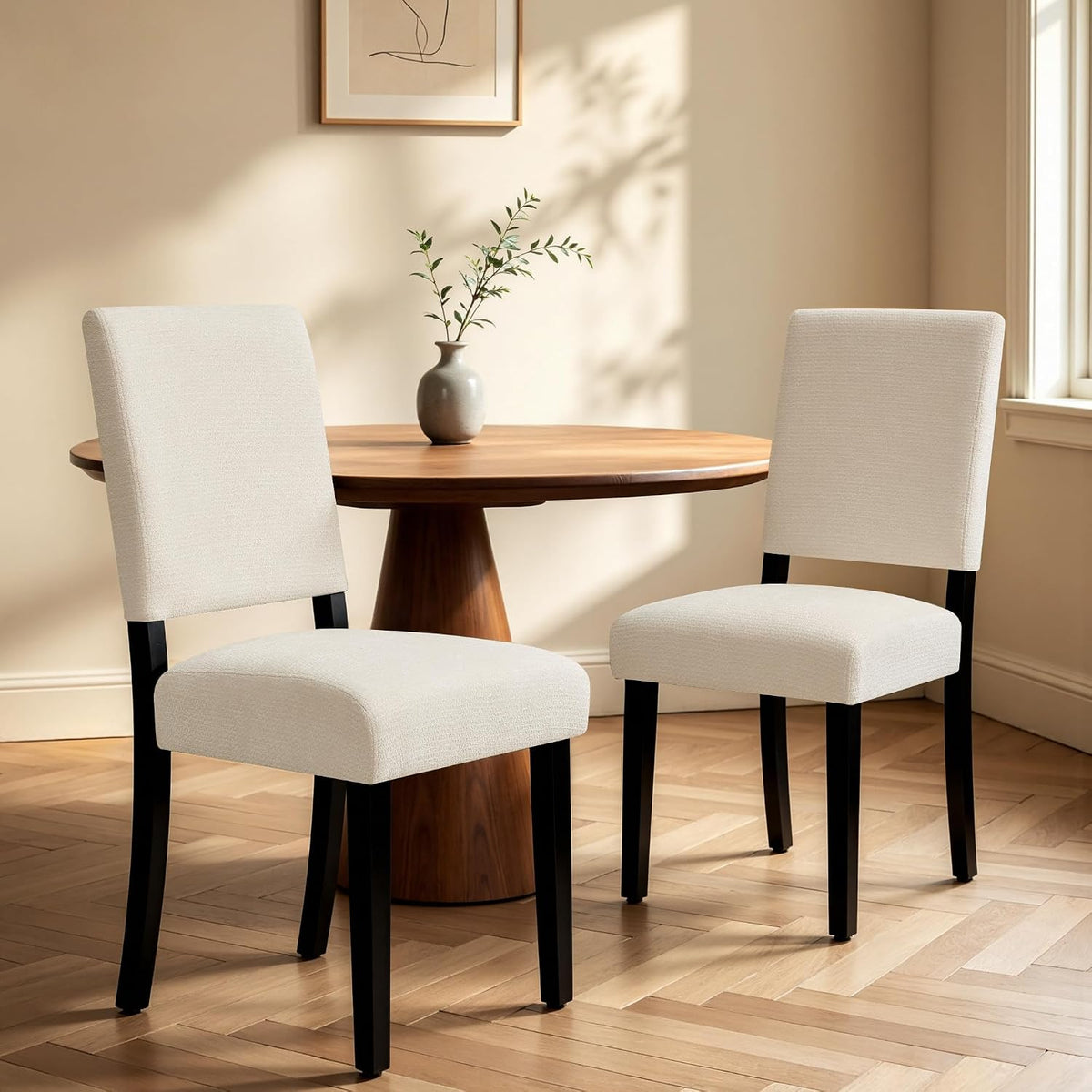 CHUN YI Dining Chairs Set of 2, Upholstered Dining Room Chairs, Modern Farmhouse Parsons Chairs with Solid Wood Legs & Fabric Padded Seat for Kitchen/Living Room/Restaurant, Beige