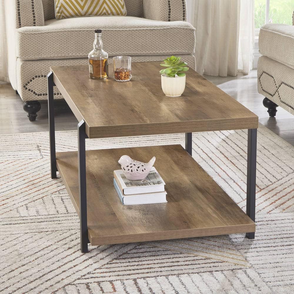 FOLUBAN Industrial Coffee Table with Shelf, Wood and Metal Rustic Cocktail Ta...