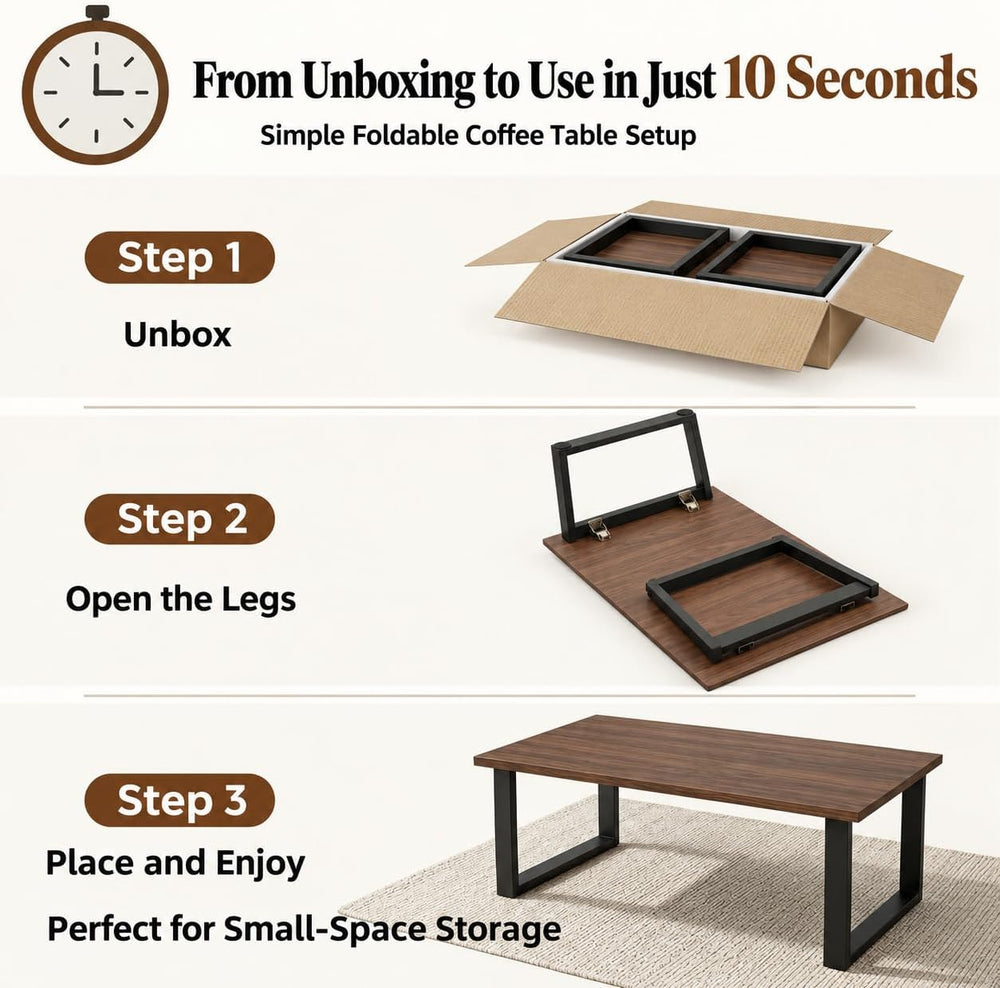Walnut Folding Coffee Table, No Assembly Required for Small Spaces,35.5In