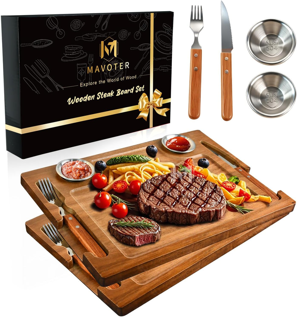 Acacia Wooden Steak Plate Board Set with Knife Fork & Sauce Cups 2 Set Pack