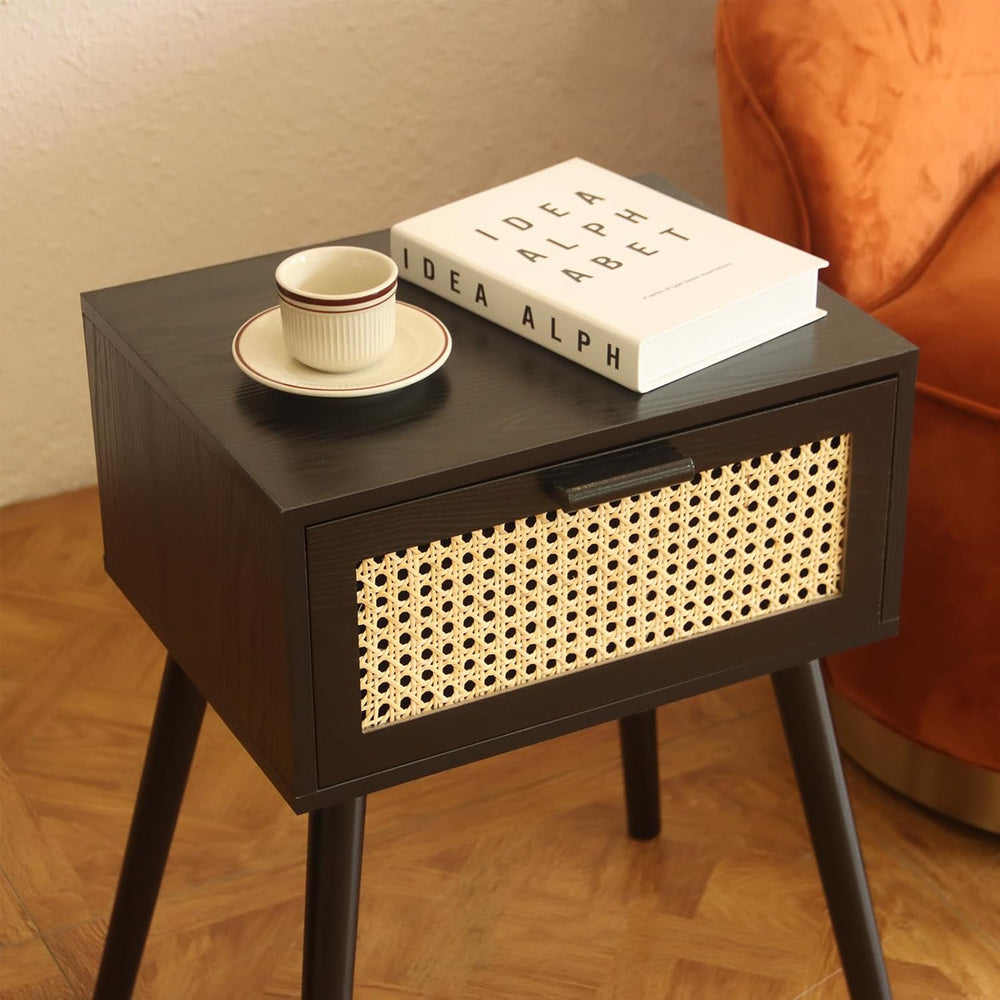 AWASEN Mid Century Modern Nightstand, Rattan Black Side Table with Drawer