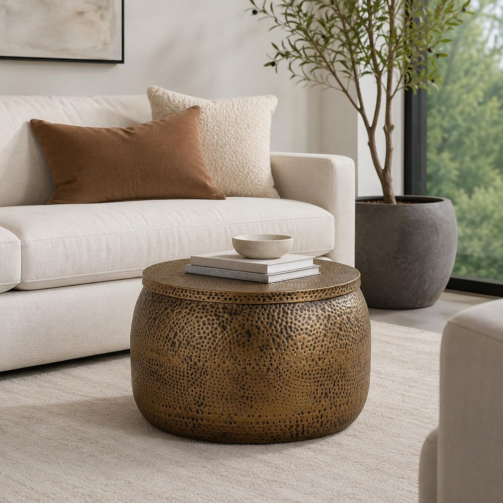 Albany Living Hammered Aluminum Drum Coffee Table with Storage, Brass