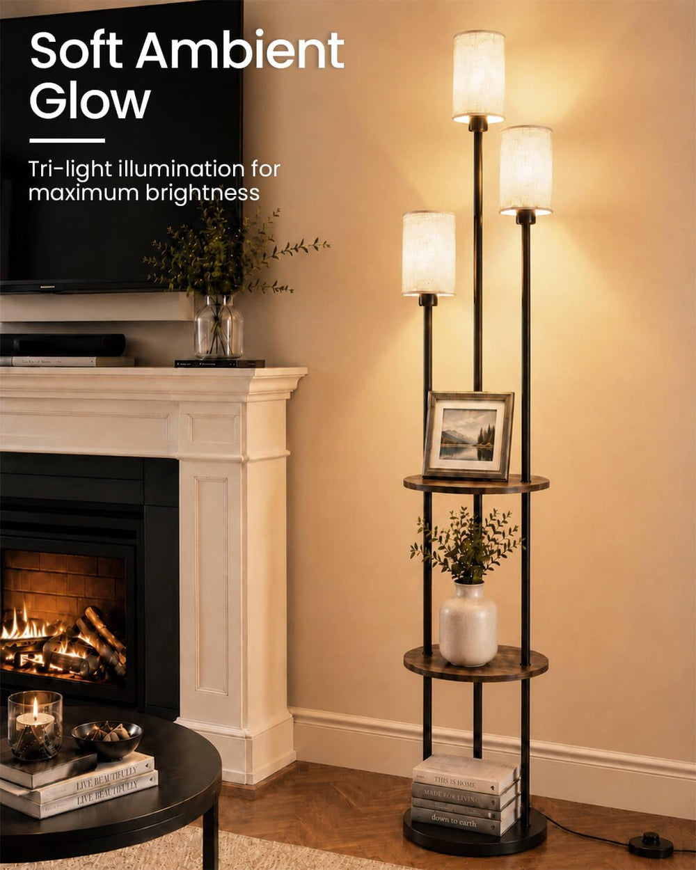 KIZON 71" Floor Lamp with Shelves, 3-Tier Standing Light, Black and Beige