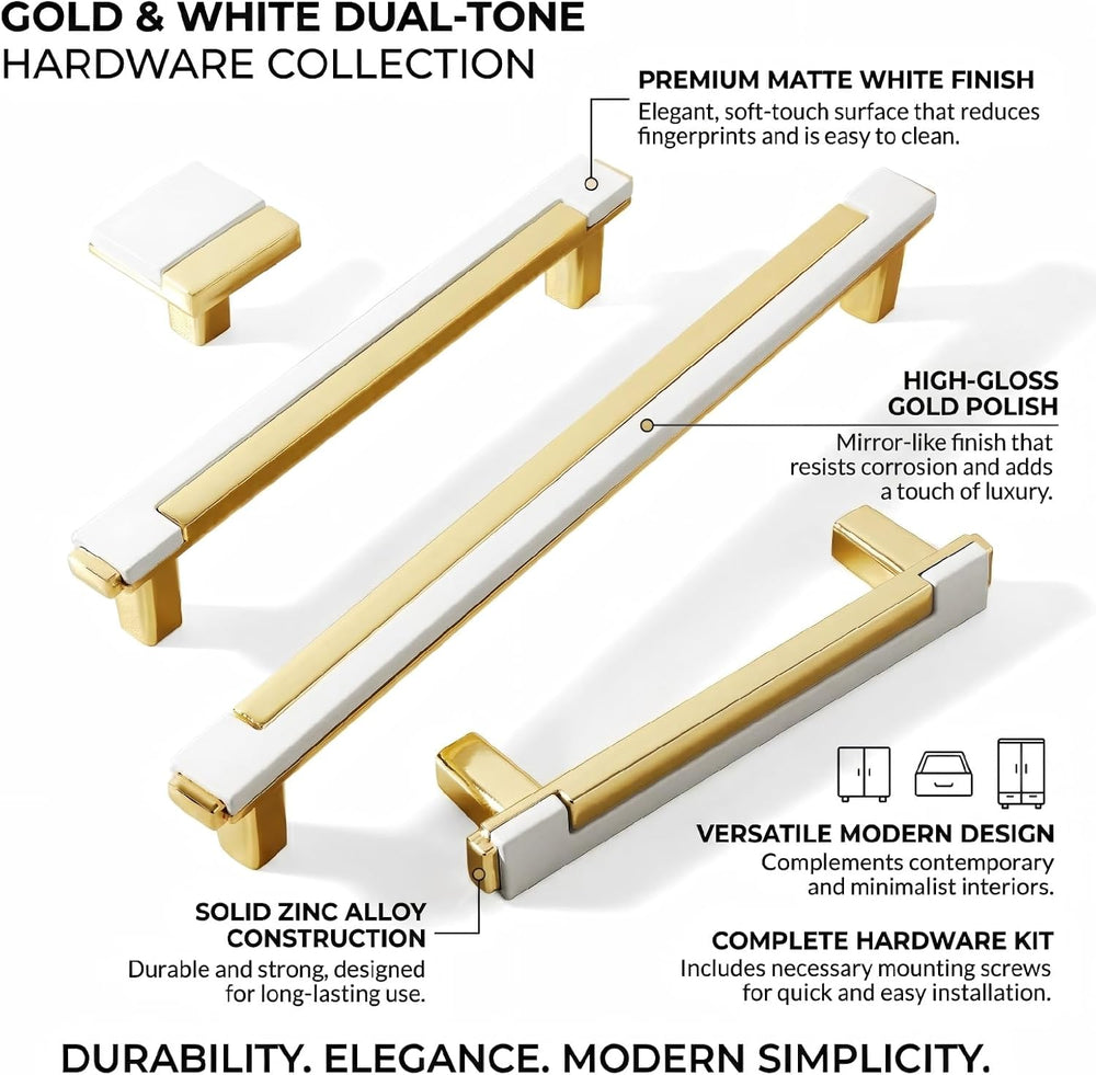 10 Pack White and Gold Cabinet Pulls, 192mm Hole Center