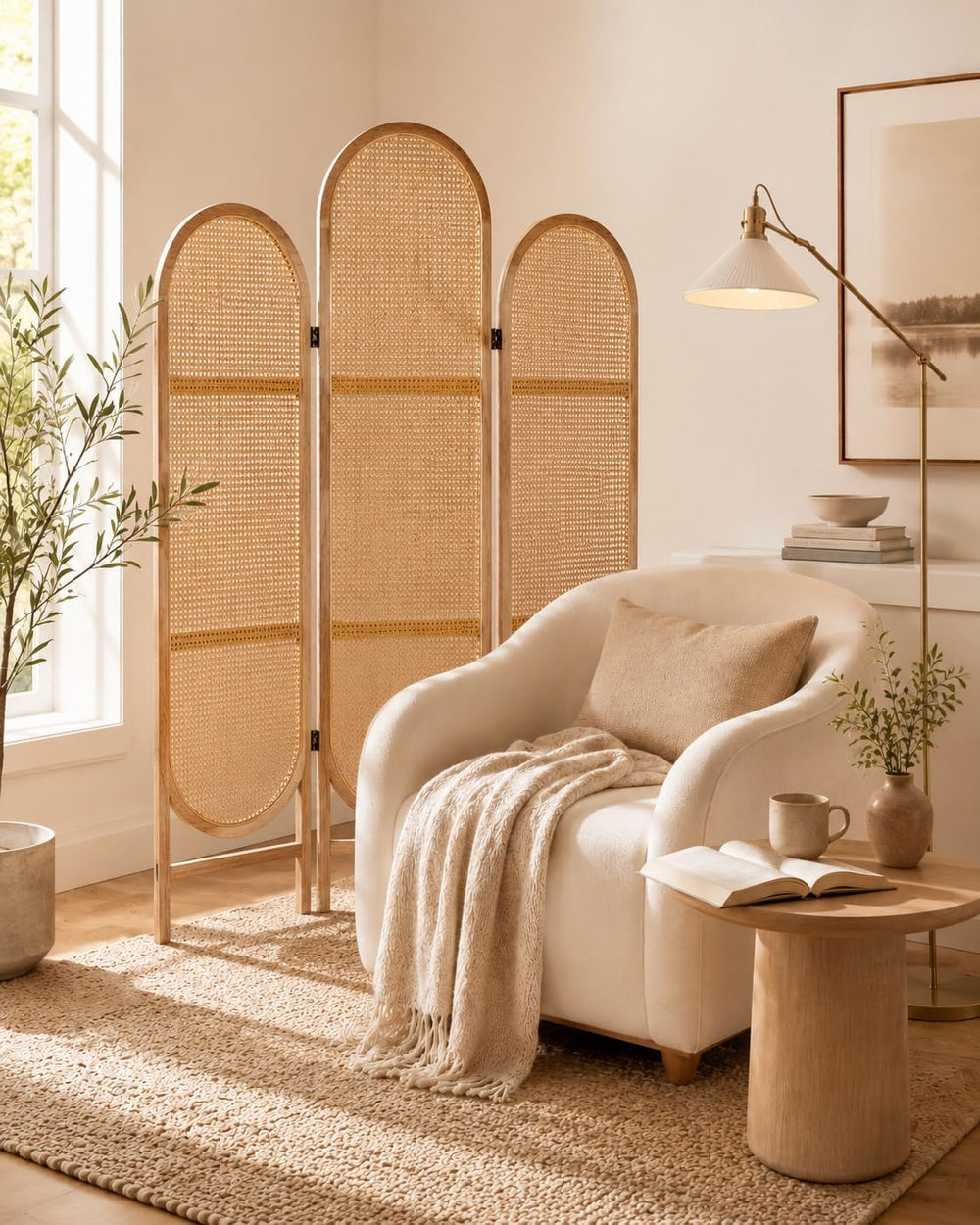 3 Panel Room Dividers and Folding Privacy Screens, Wooden Room Divider with B...