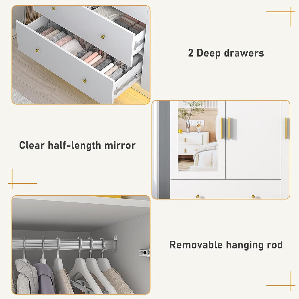 chartustriable 2 Doors Armoire Wardrobe Closet with Mirror, LED Closet with D...