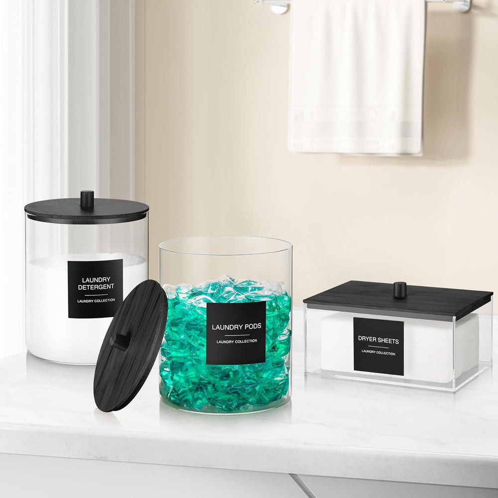 Glass Jars and Acrylic Dryer Sheet Holder, Laundry Pods Container with Bamboo...