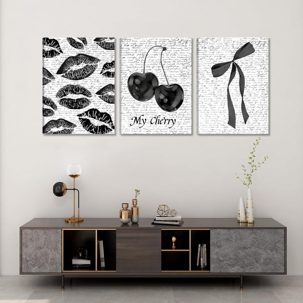 Black And White Canvas Wall Art Set of 3, Fashion Black White Lips And Cherry...