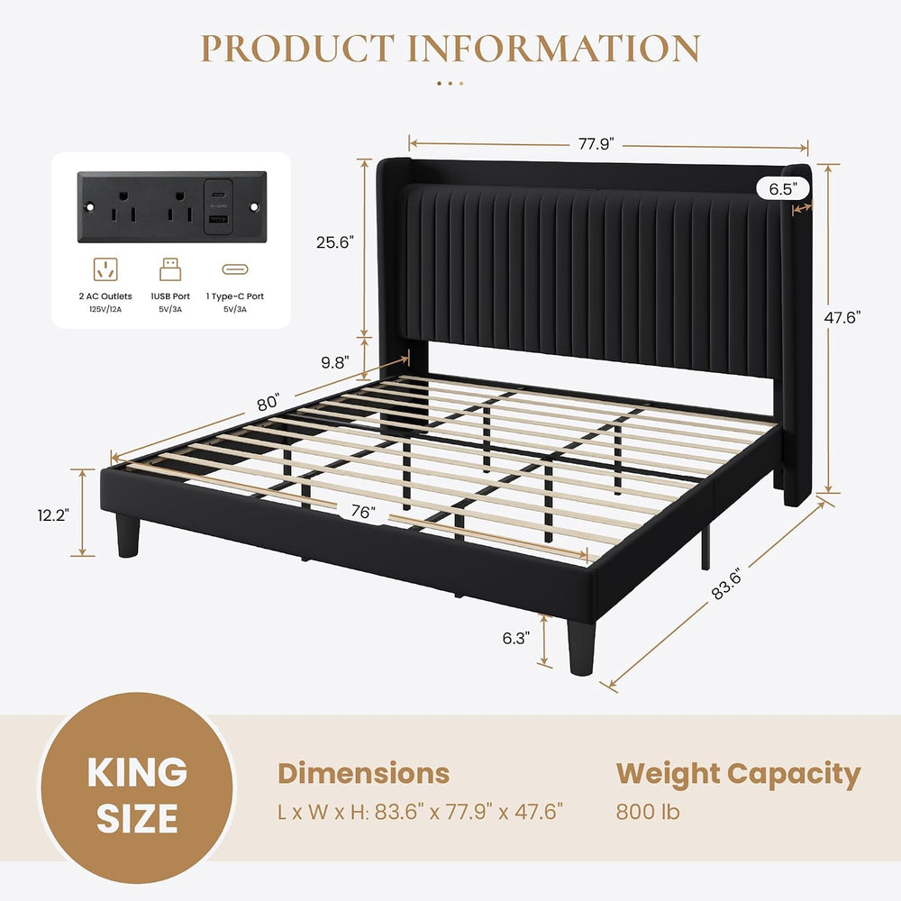 SHA CERLIN King Size Velvet Bed Frame with Shelf, Charging Station, Black
