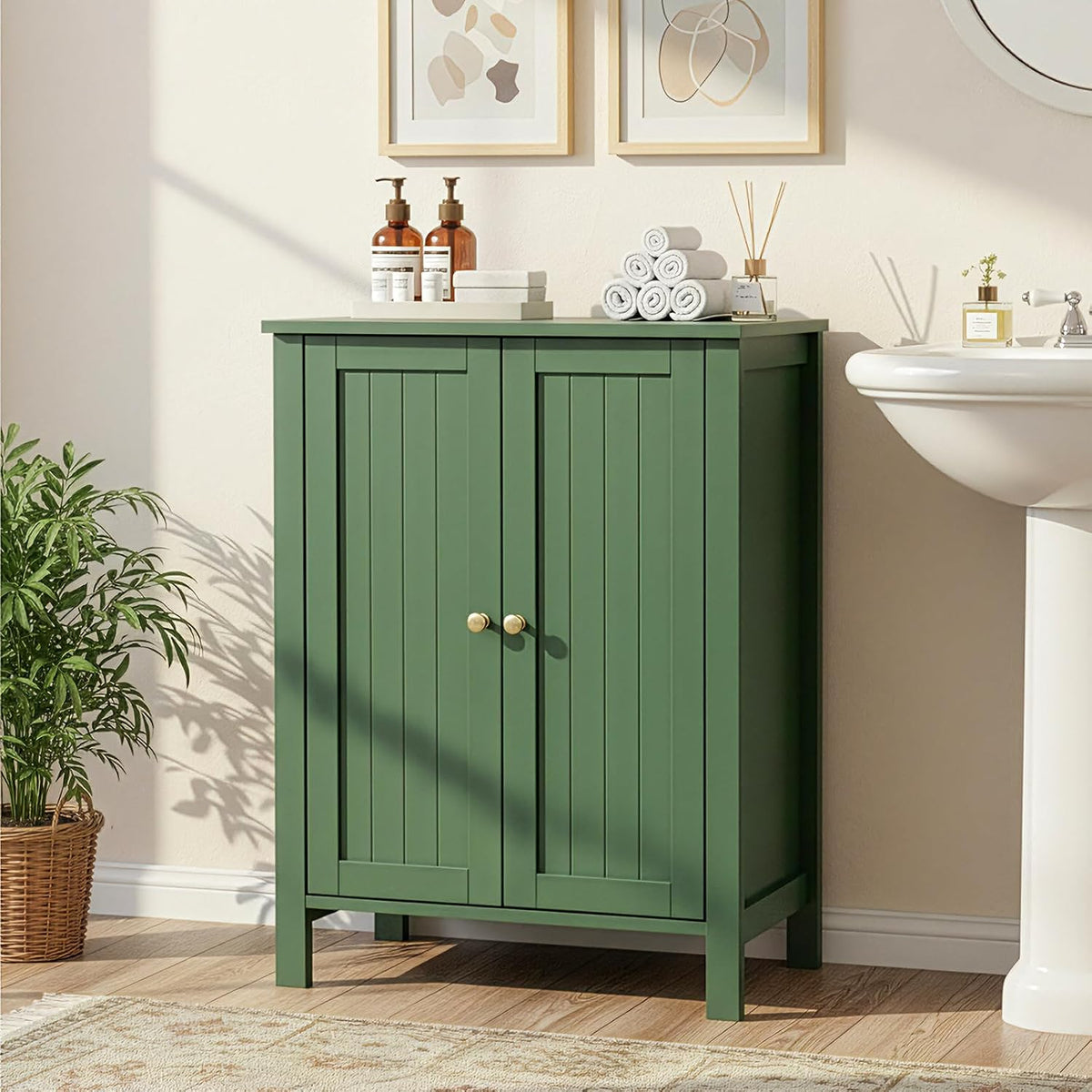 Bonnlo Free Standing Bathroom Cabinet, Sage Green Accent Storage Cabinet with Doors, Small Wooden Floor Console Sideboard for Entryway, Living Room, 31.5" H