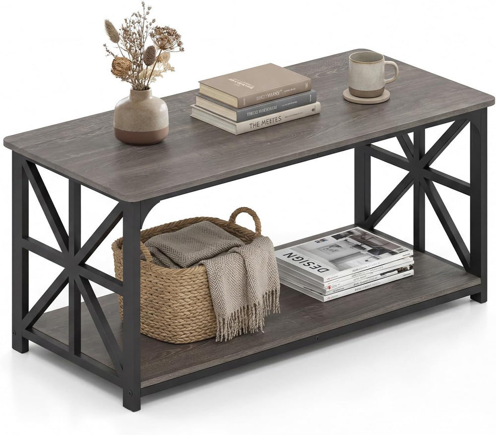 GIANTEX Farmhouse Coffee Table, 43" Center Table with Storage, Grey Oak