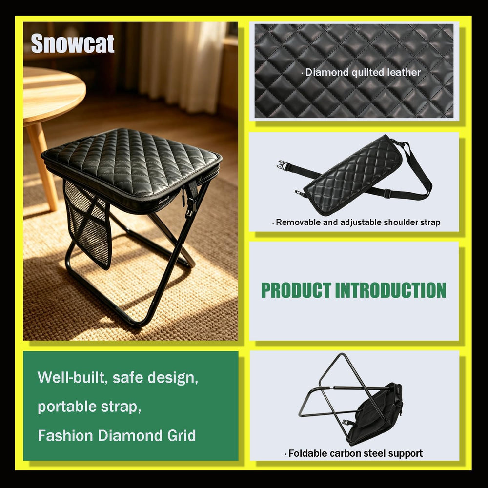 Snowcat 2-in-1 Foldable Stool Crossbody Bag Diamond Quilted PU Chair