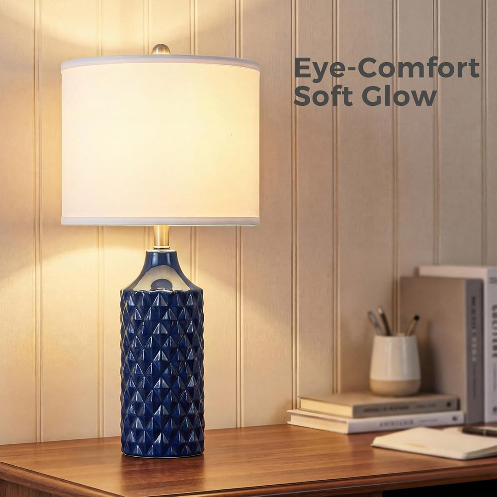 Qingmiao Modern Ceramic Table Lamp, Set of 2 - Navy Blue with Diamond Protrus...