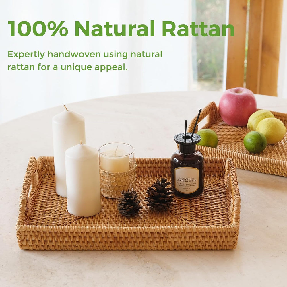Rattan Serving Tray, Rectangle Woven Wicker Tray for Breakfast