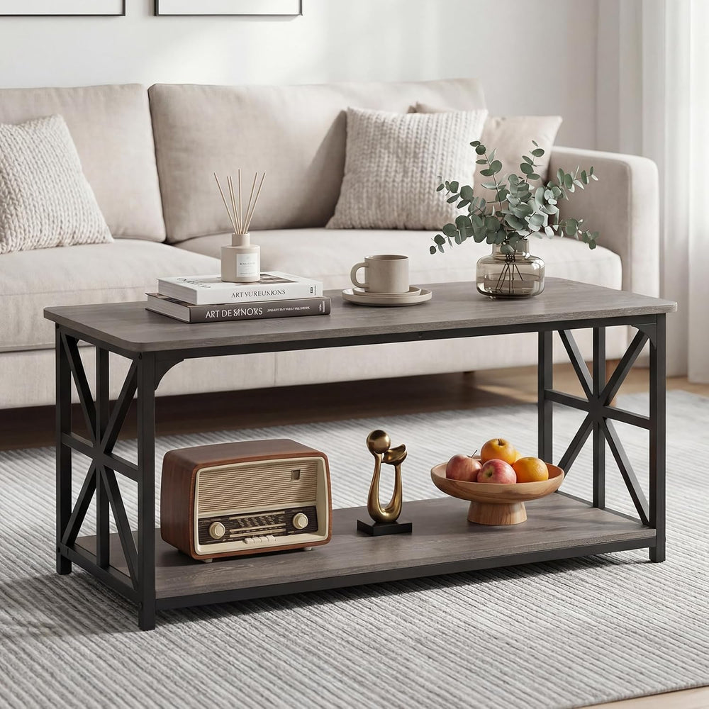 GIANTEX Farmhouse Coffee Table, 43" Center Table with Storage, Grey Oak