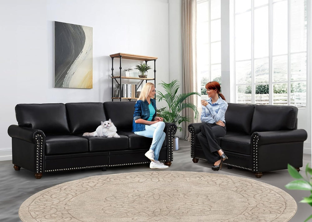 2 Piece Faux Leather Sofa Set,Modern Couch and Loveseat Sets with Storage,Mid...