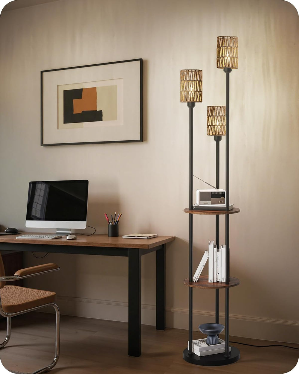 Floor Lamp with Shelves, Boho Floor Lamp with Foot Switch, 3-Light Standing L...