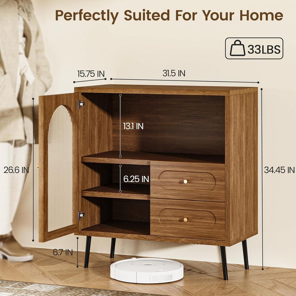 Wood Sideboard Cabinet - Slim Buffet Cabinet with Storage & Drawers
