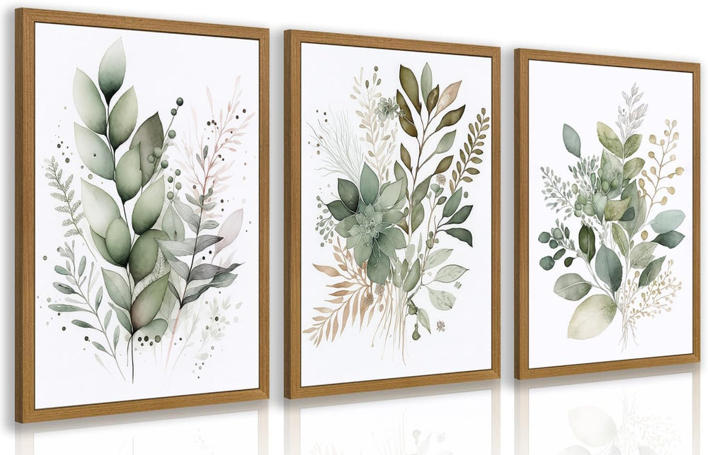 HLXRAE Neutral Sage Green Botanical Floral Wall Art, Wood Framed 12"x16&...