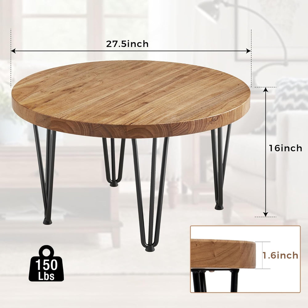 FLYJOE Rustic Wood Round Coffee Table with Metal Legs, Solid Elm Wood Top and...