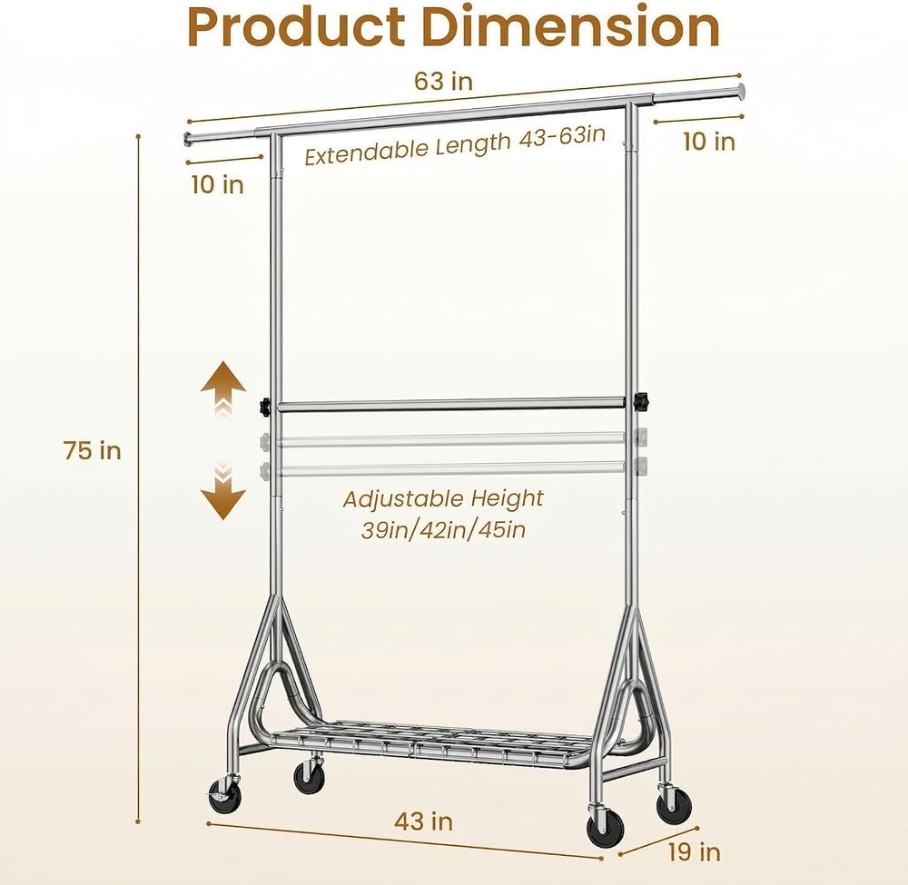 Heavy Duty Clothes Rack for Hanging Clothes, Double Rods Clothing Rack with L...