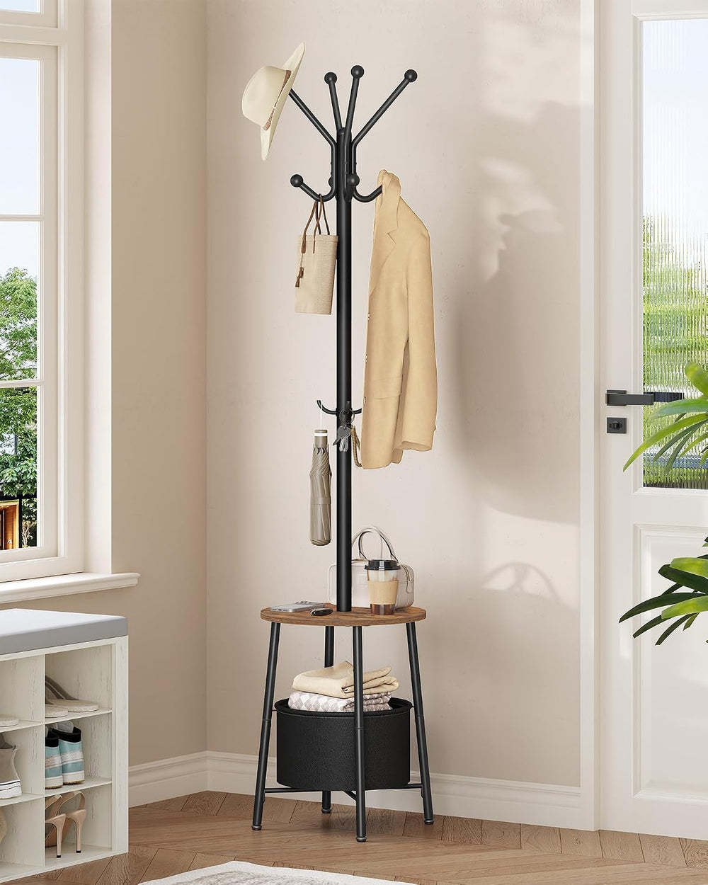 Hzuaneri Coat Rack, Free Standing Coat Stand with Large Storage Basket