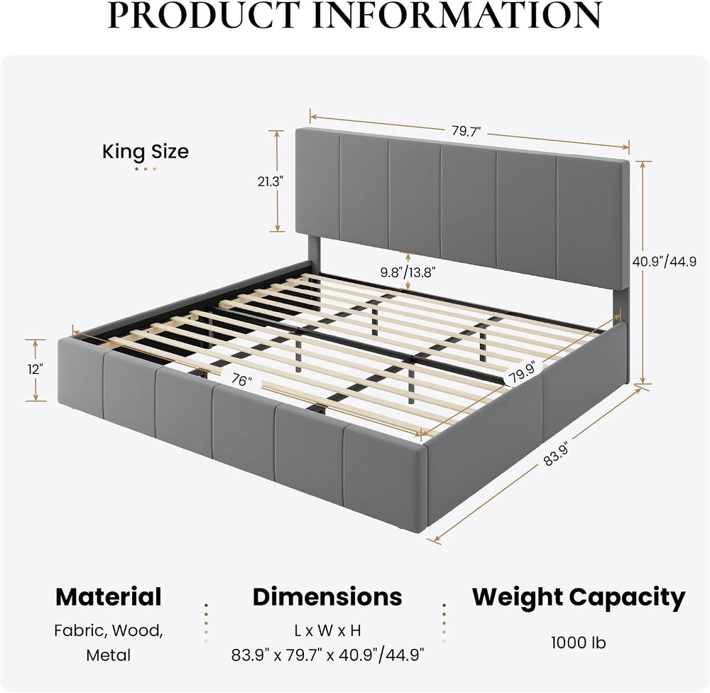 SHA CERLIN King Size Bed Frame, Velvet Upholstered Platform Bed, Grey