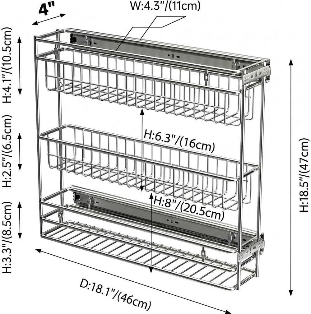 JOWBOOW Side Mount 3-Tier Pull Out Spice Rack, 4" W, Frameless Cabinet ONLY