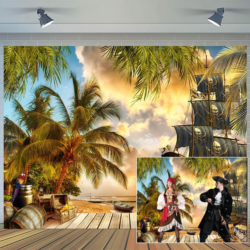 10X8ft Pirate Theme Photo Backdrop Photography Background, Pirate Ship Treasure Chest Map Gun Halloween Trunk or Treat Backdrops Photo Booth Prop Decorations Wall Decor Tablecloth