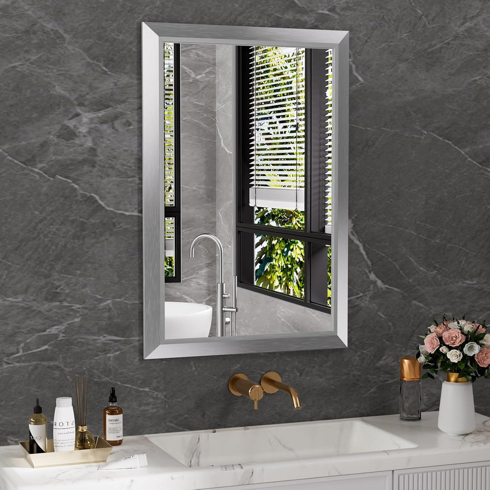 Amorho Bathroom Mirror for Wall 24x36 Inch, Brushed Silver Metal Framed