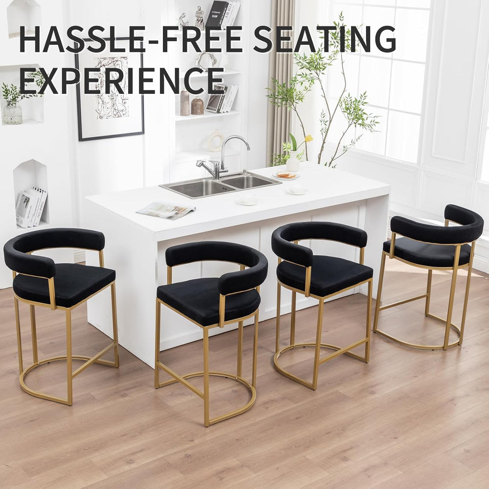Gold Counter Height Bar Stools Set of 2, Modern Velvet Barstools with Barrel ...