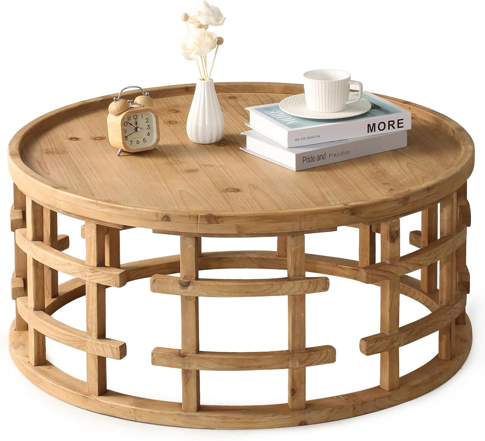 RUSTOWN Farmhouse Round Coffee Table, Boho Handcrafted Wooden Tables