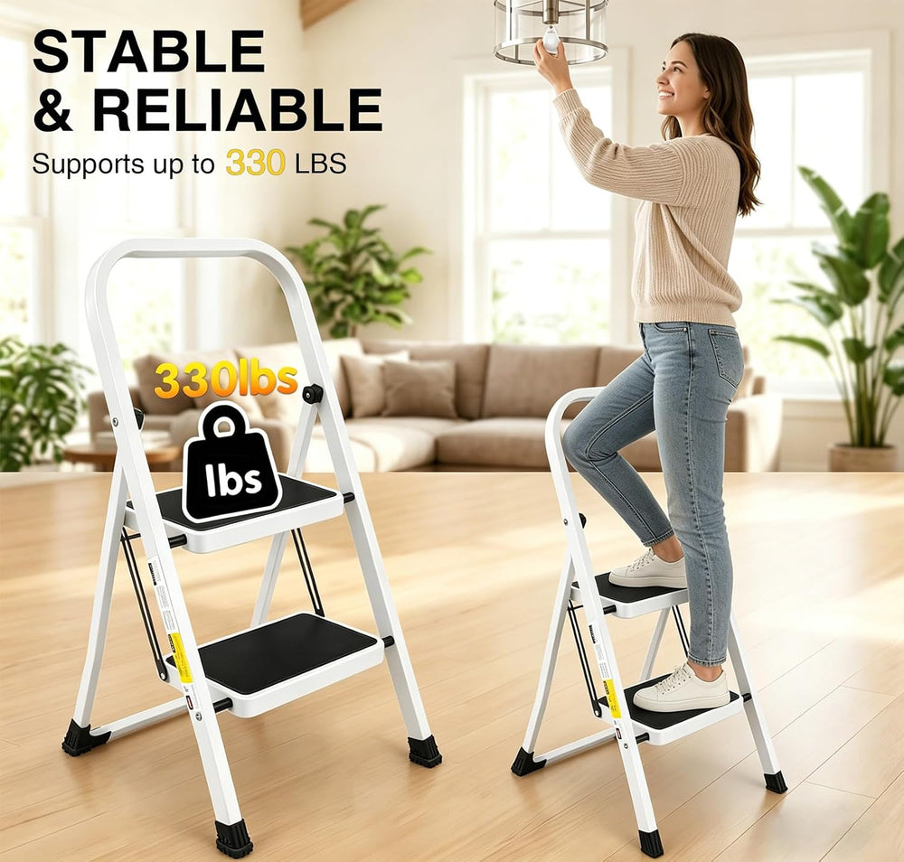 2 Step Stool, Folding Step Stool - Capacity with Wide Anti-Slip Pedal