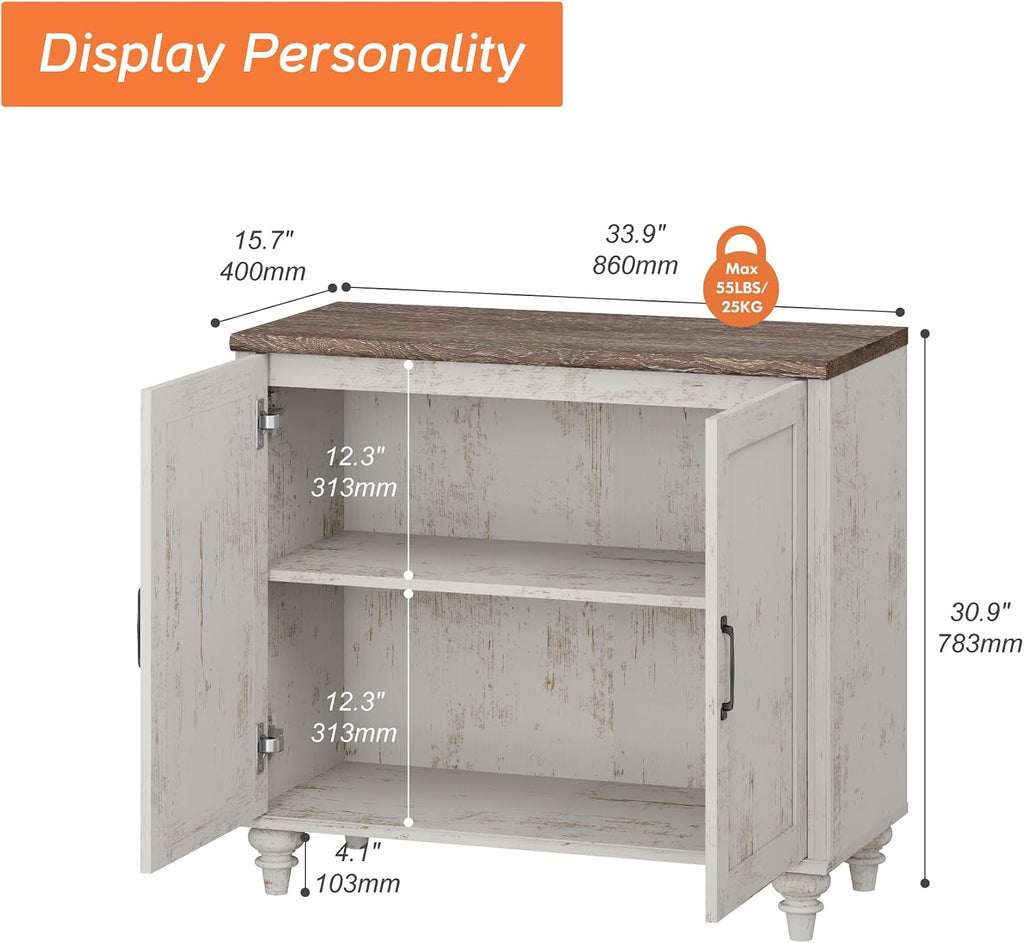wampat farmhouse buffet cabinet with wooden doors, rustic shown in use