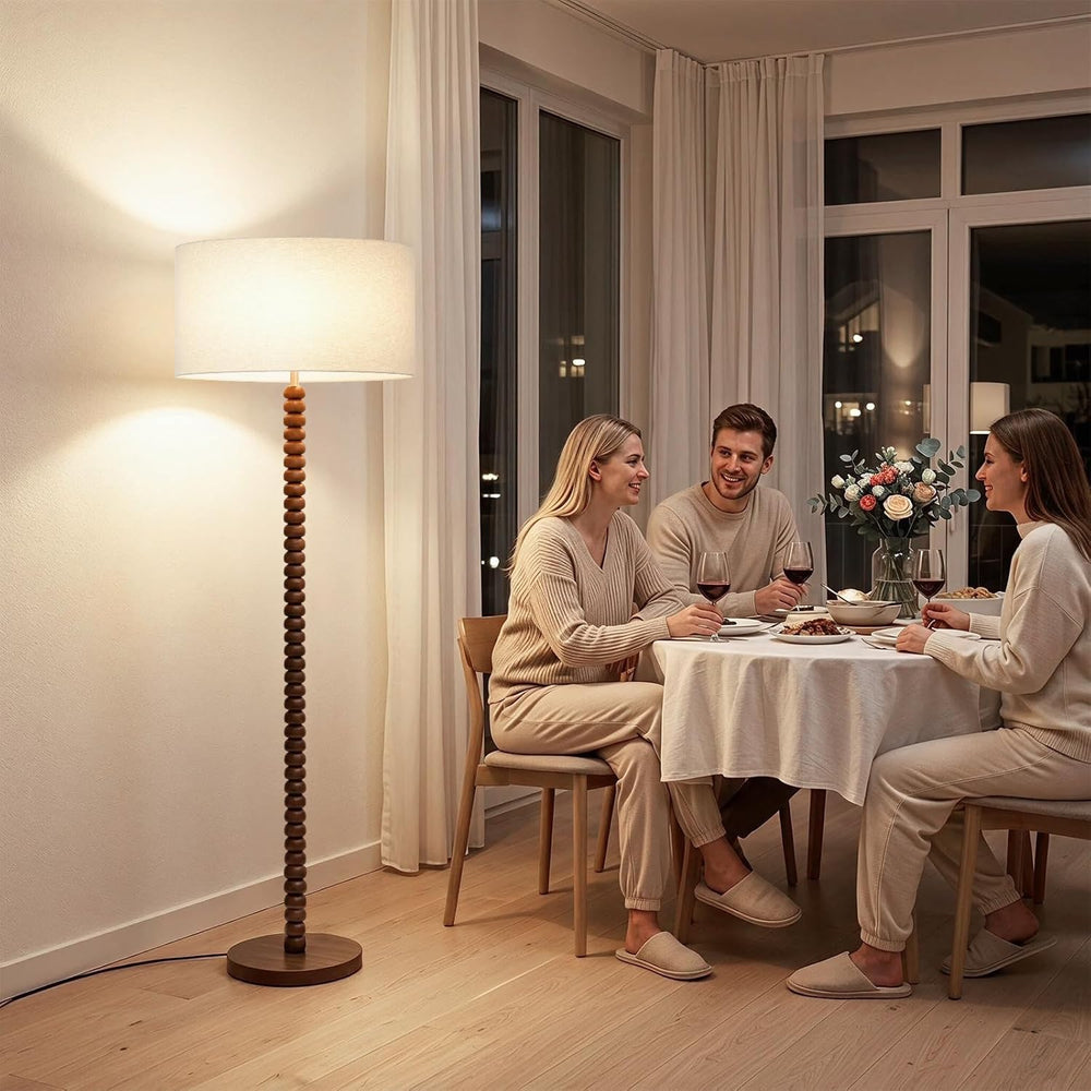 62" Farmhouse Stackable Ball Walnut Wood Floor Lamp with Linen Shade, Cream